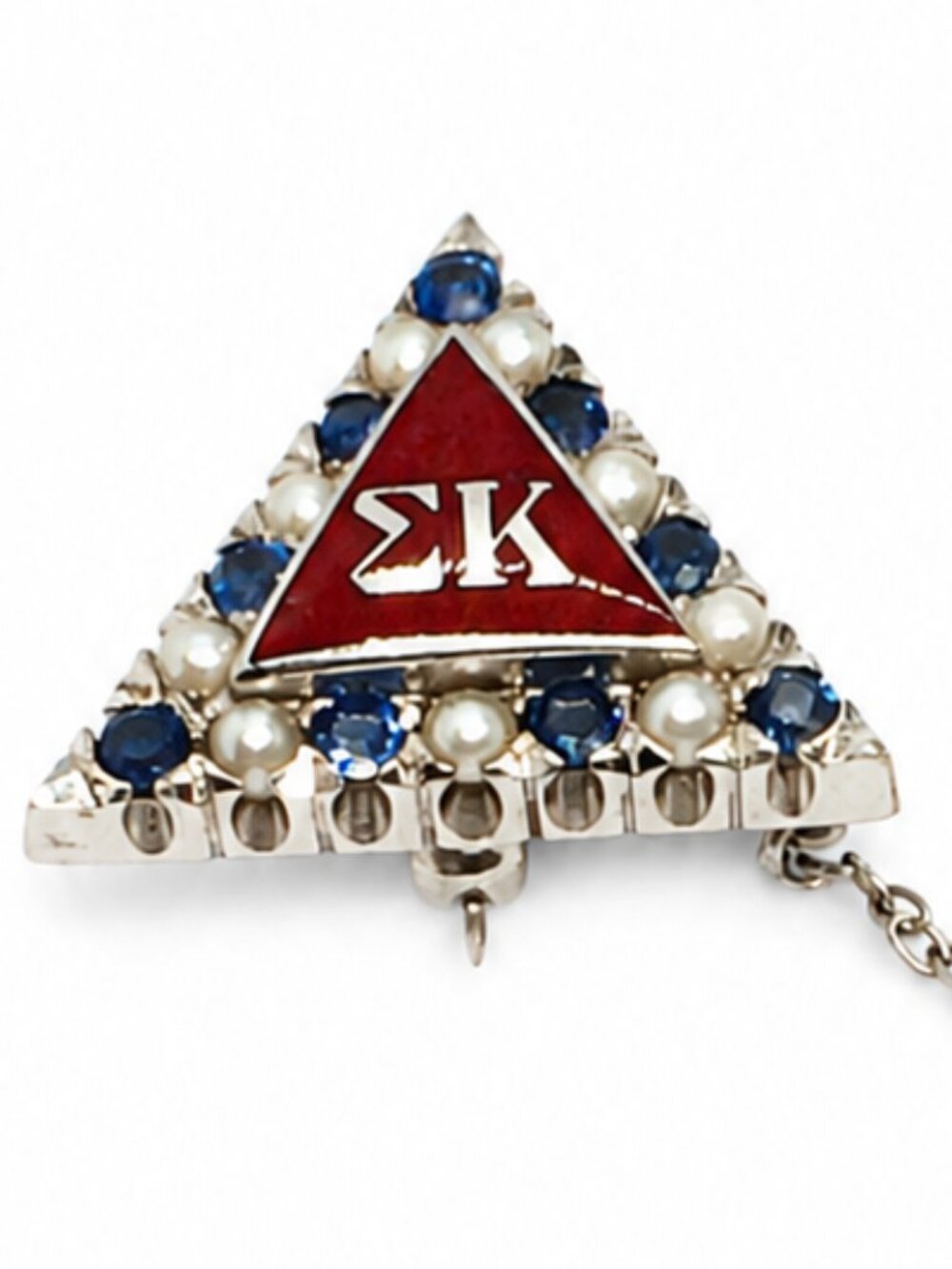 SIGMA KAPPA BADGE 14K Gold Pearl Blue Stone Sorority Pin Chain Vintage 3.81g